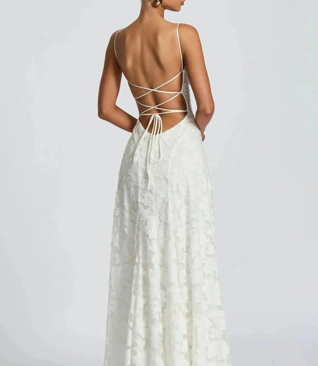 Ivory floral lace maxi dress back with lace-up tie closure