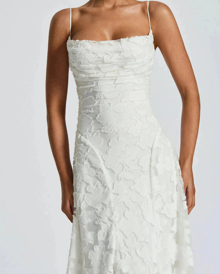 Ivory floral lace maxi dress close-up of ruched cowl neckline