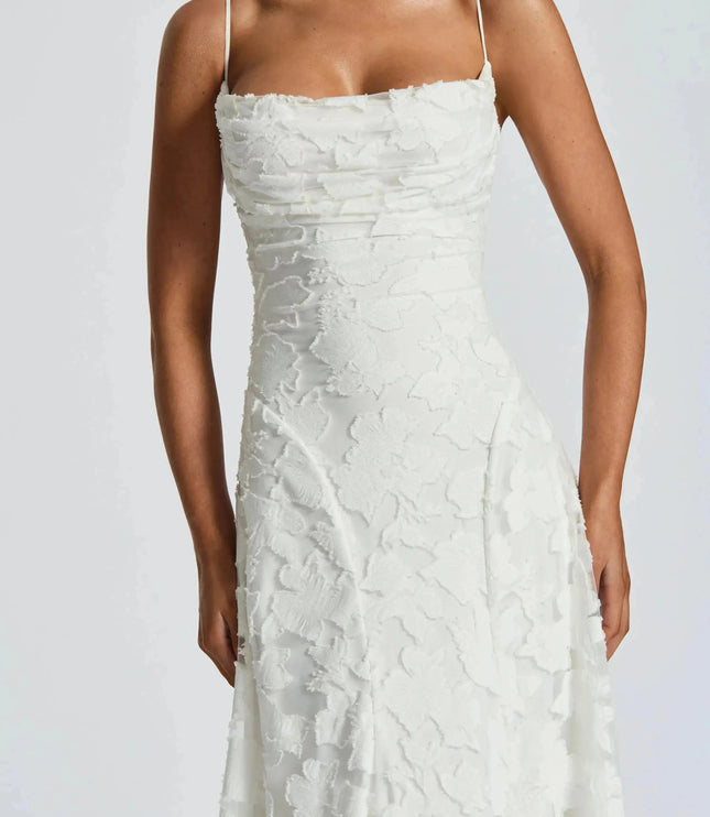 Ivory floral lace maxi dress close-up of ruched cowl neckline