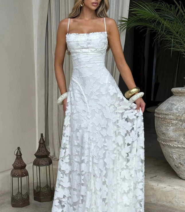 Ivory floral lace maxi dress full length with textured fabric