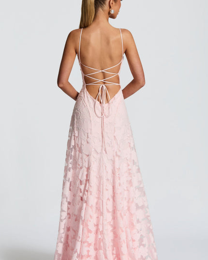 Back view of pink floral maxi dress with crisscross lace-up detail