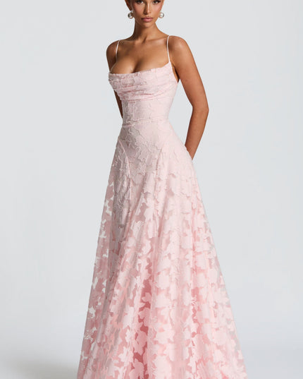 Front view pink floral cowl neck maxi dress with fitted bodice