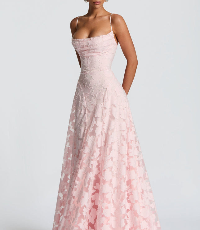 Front view pink floral cowl neck maxi dress with fitted bodice