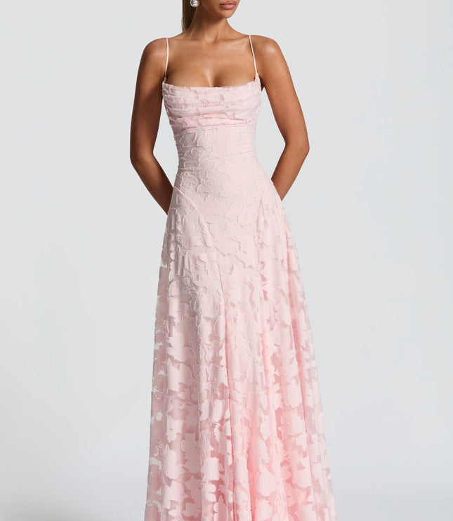 Pink floral maxi dress with ruched cowl neckline and A-line skirt