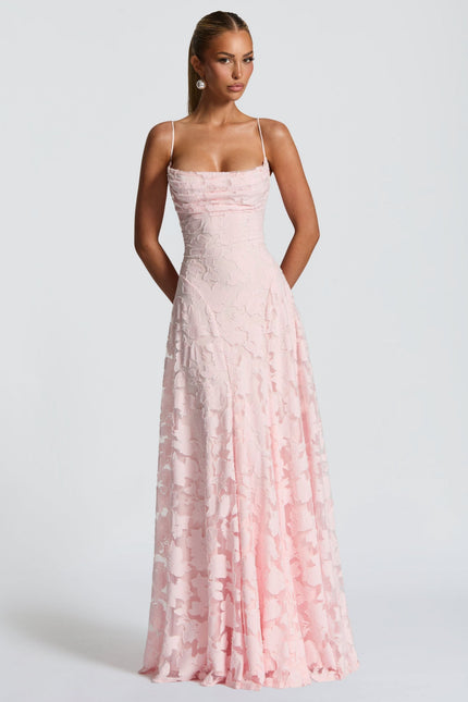 Pink floral maxi dress with ruched cowl neckline and A-line skirt