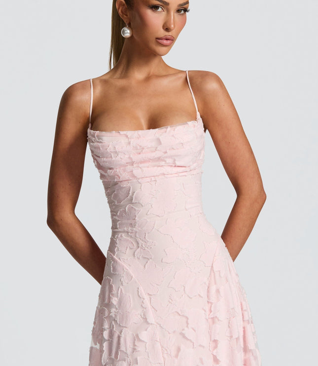 Full-length pink floral maxi dress with draped cowl neckline