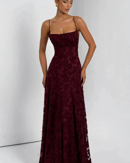 Burgundy floral maxi dress with cowl neckline and spaghetti straps