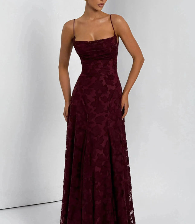Burgundy floral maxi dress with cowl neckline and spaghetti straps
