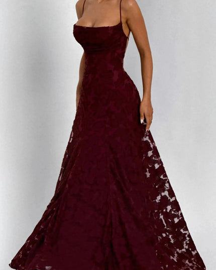 Burgundy floral maxi dress with cowl neck and fitted bodice detail