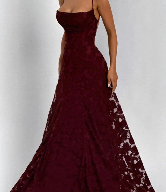 Burgundy floral maxi dress with cowl neck and fitted bodice detail