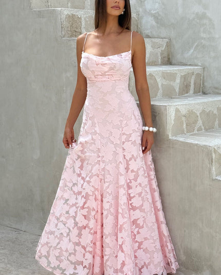 Pink floral maxi dress with cowl neckline and spaghetti straps