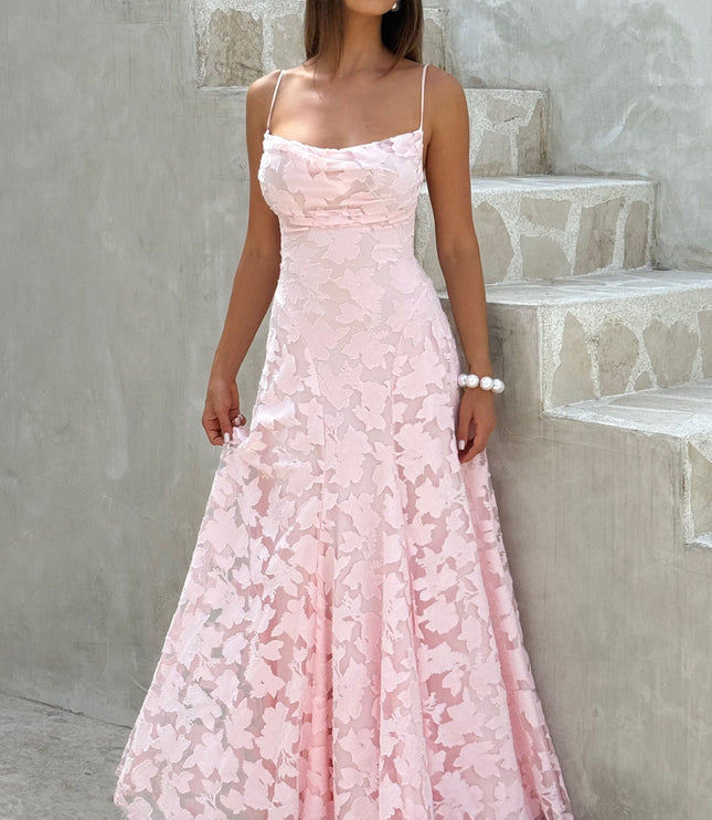Pink floral maxi dress with cowl neckline and spaghetti straps