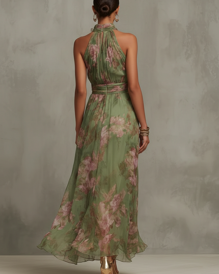 Back view of green halter maxi dress with pink floral pattern
