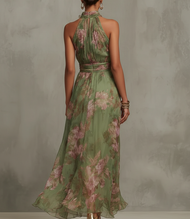 Back view of green halter maxi dress with pink floral pattern