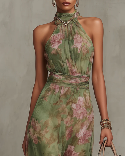 Close-up of halter neckline on green floral maxi dress with waist belt