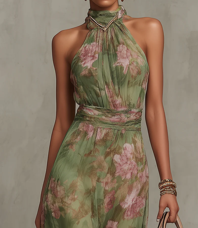 Close-up of halter neckline on green floral maxi dress with waist belt