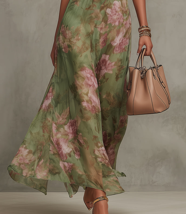 Flowing skirt detail of green floral halter maxi dress with pink roses