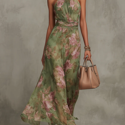 Green floral halter maxi dress with pink rose print and waist tie