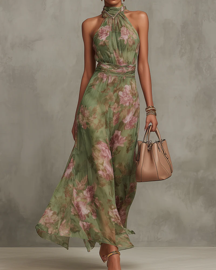 Green floral halter maxi dress with pink rose print and waist tie