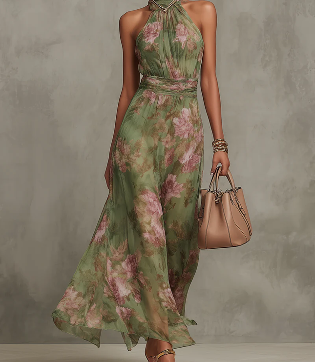 Green floral halter maxi dress with pink rose print and waist tie