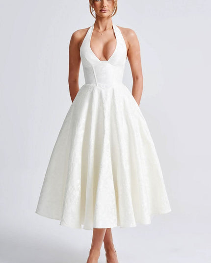 Ivory white halter midi dress with floral jacquard and full skirt