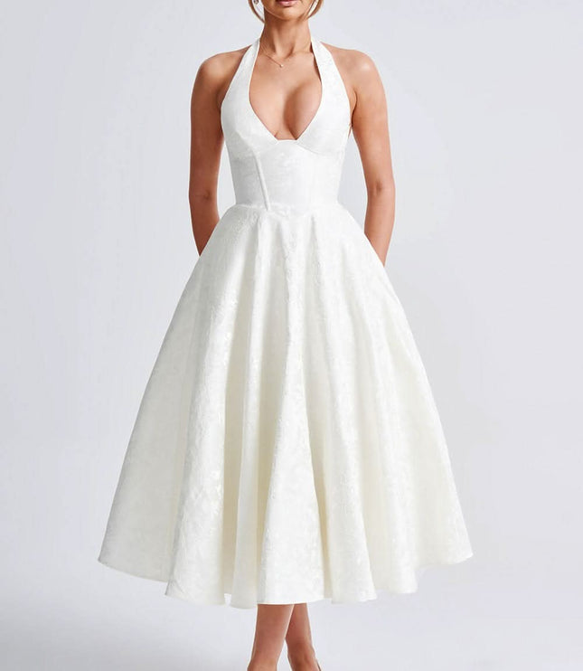 Ivory white halter midi dress with floral jacquard and full skirt