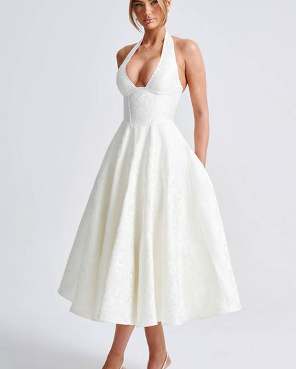 White halter midi dress with fitted bodice and full skirt