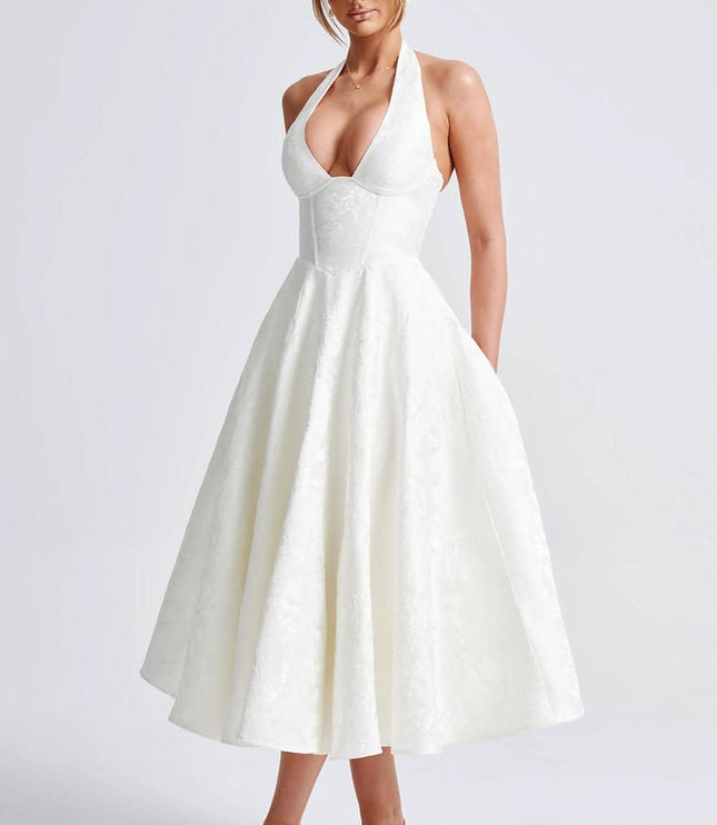 White halter midi dress with fitted bodice and full skirt