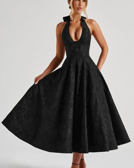 Black jacquard halter midi dress with full A-line skirt