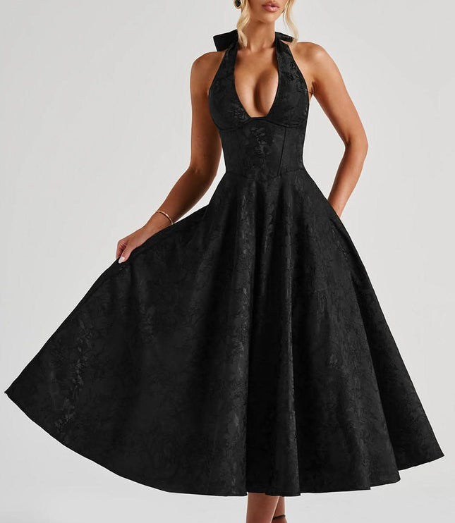 Black jacquard halter midi dress with full A-line skirt