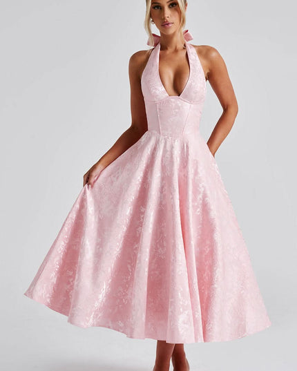 Blush pink halter midi dress with floral jacquard and full skirt