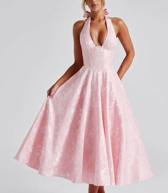 Blush pink halter midi dress with floral jacquard and full skirt