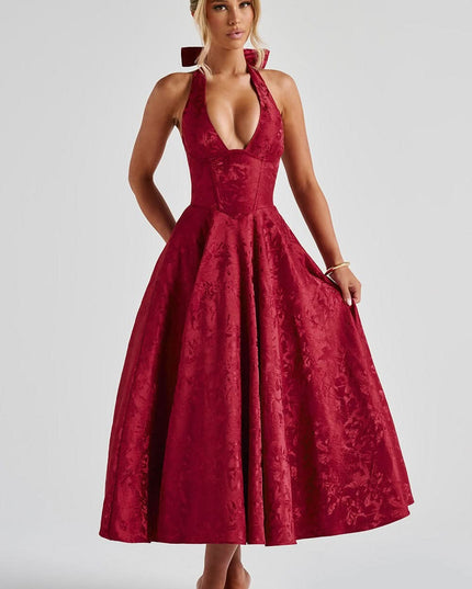 Deep burgundy velvet halter midi dress with full skirt