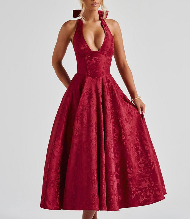 Deep burgundy velvet halter midi dress with full skirt