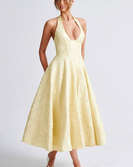 Pale yellow halter midi dress with floral jacquard and full skirt