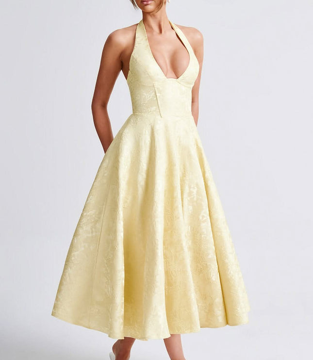 Pale yellow halter midi dress with floral jacquard and full skirt