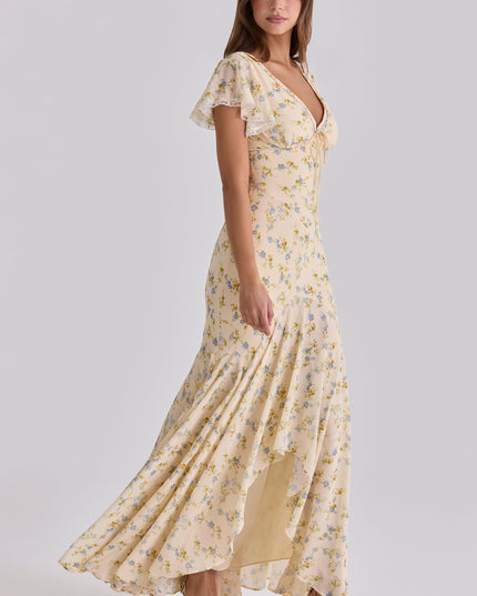 Front view of a women's summer floral V neck maxi dress with tie waist and ruffled hem