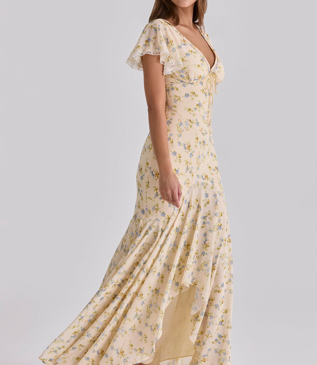 Front view of a women's summer floral V neck maxi dress with tie waist and ruffled hem