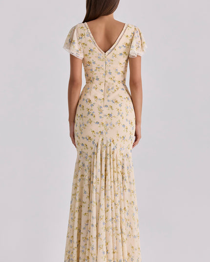 Back view of women's floral V neck maxi dress with open back and lace-trimmed sleeves