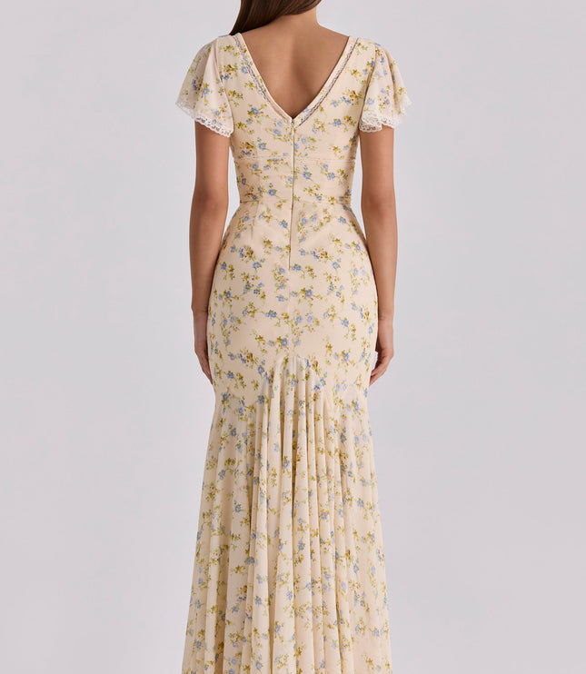 Back view of women's floral V neck maxi dress with open back and lace-trimmed sleeves