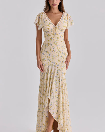 Women's floral V neck maxi dress with flutter sleeves and lace trim in soft beige