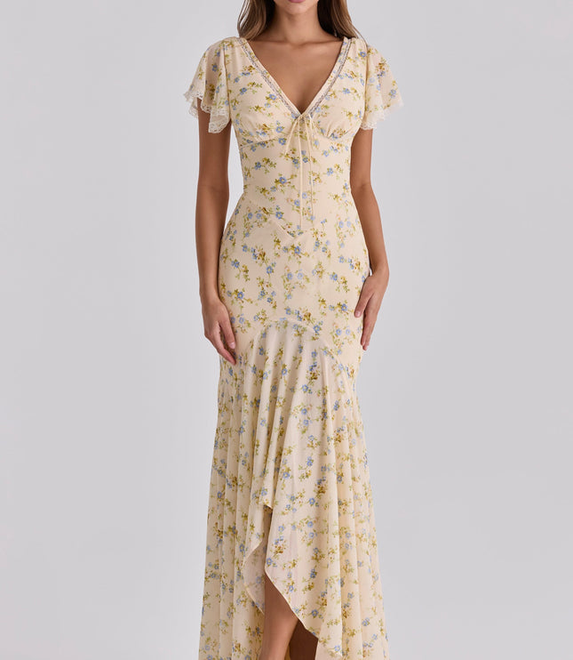 Women's floral V neck maxi dress with flutter sleeves and lace trim in soft beige