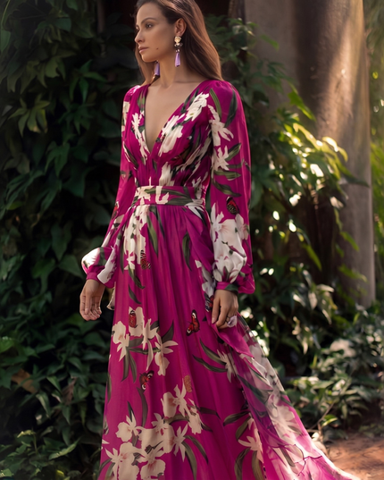 Floral V neck maxi dress in magenta with long sleeves and flowing skirt for wedding guest wear