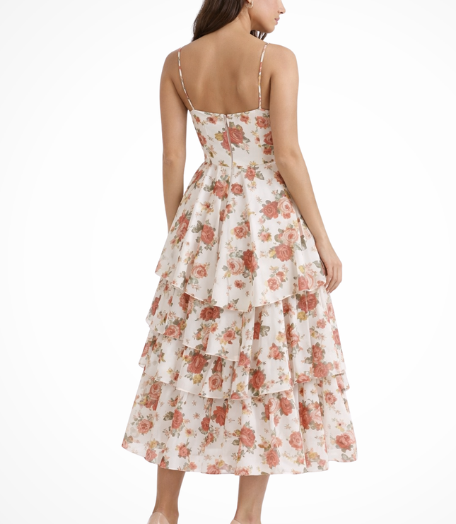 Back view of floral midi dress with fitted bodice and layered ruffle skirt