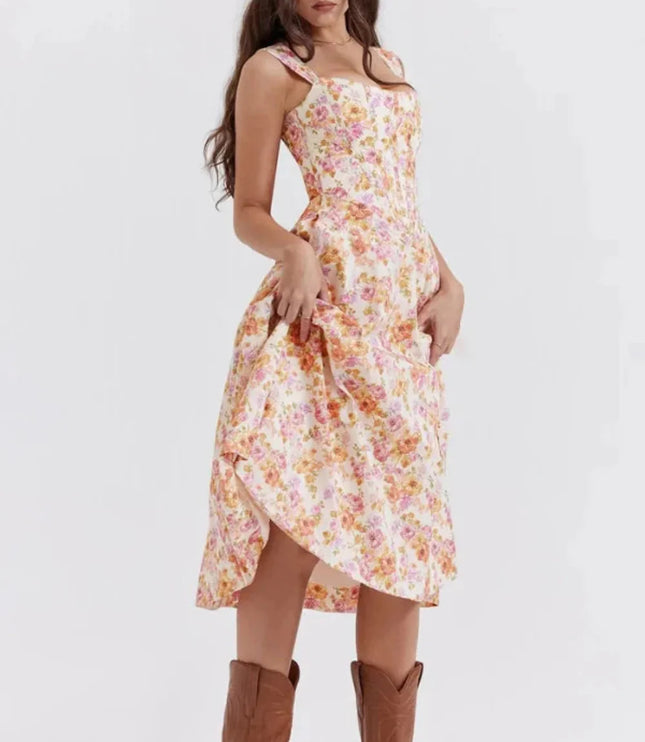 Floral midi dress with asymmetrical hem and front slit, shown full length for wedding guest outfit