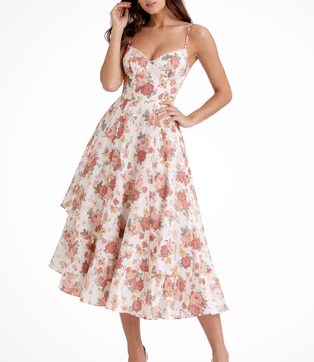 Floral midi dress with spaghetti straps and sweetheart neckline, front view