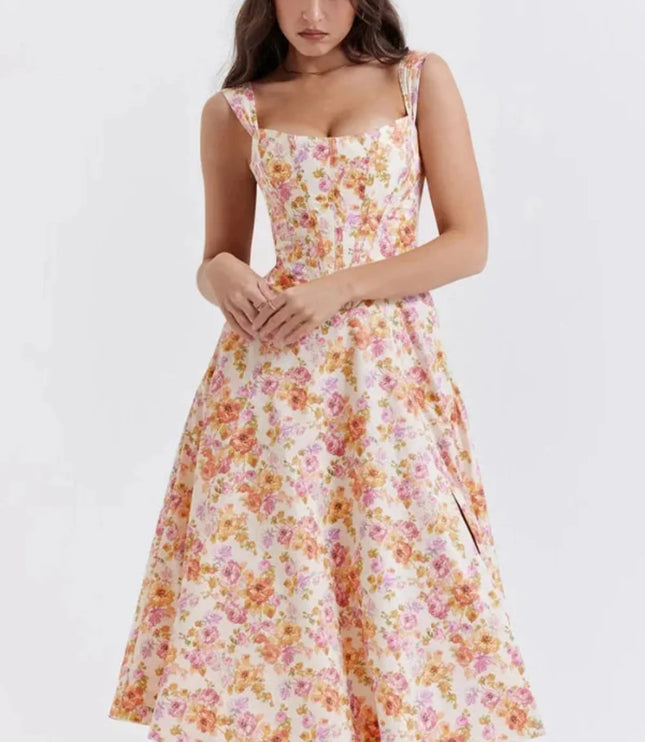 Floral midi dress with square neckline and wide straps, shown front view for wedding guest wear