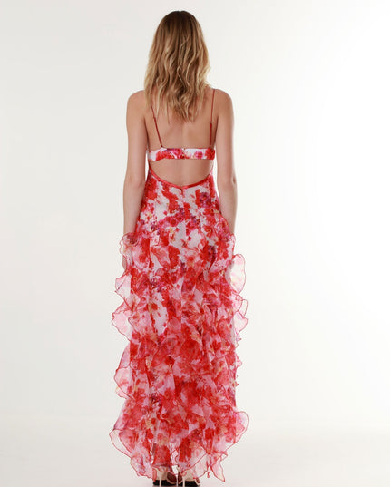 Back view of floral maxi dress with thin spaghetti straps and sheer ruffled skirt
