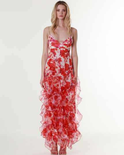 Front view of women's summer floral maxi dress with V-neck and layered ruffle hem