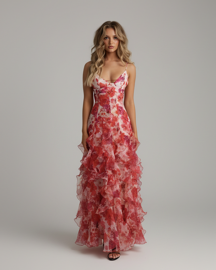 Women's floral spaghetti strap maxi dress with red ruffle layers and fitted bodice